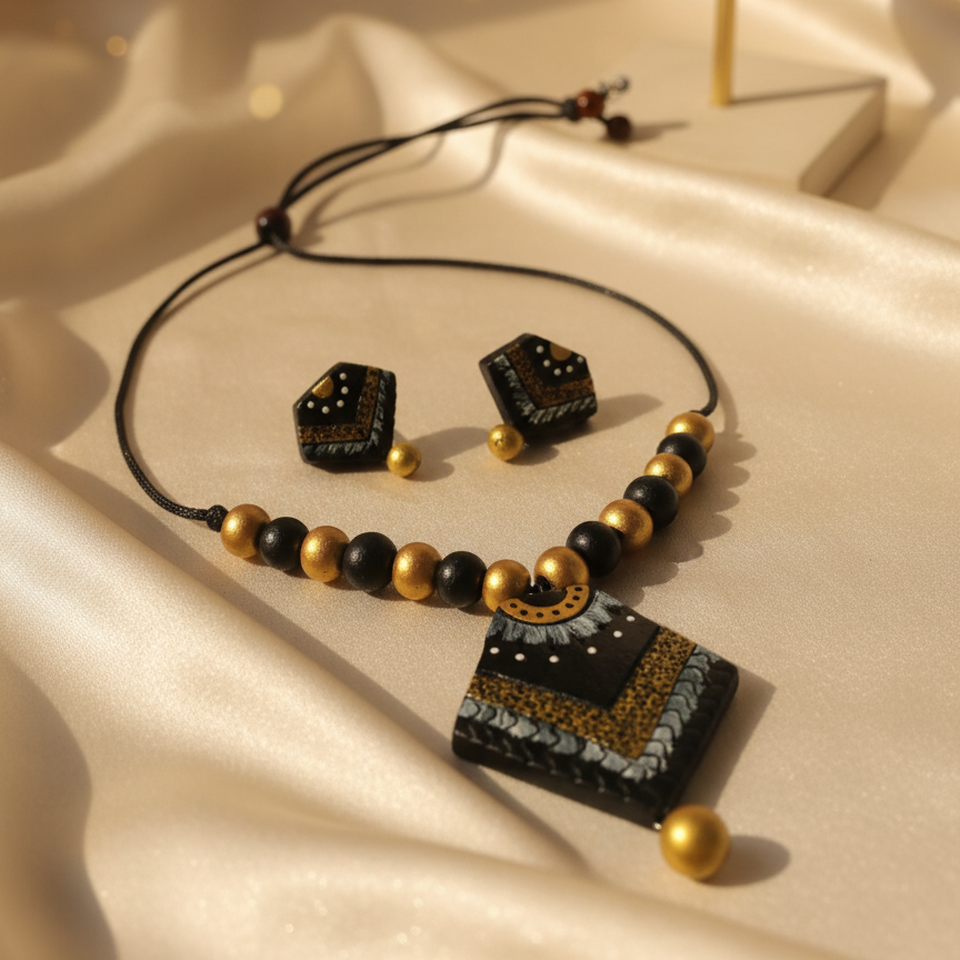 Terracotta Jewelry Necklace Set for Women – Handcrafted Clay Necklace with Earrings